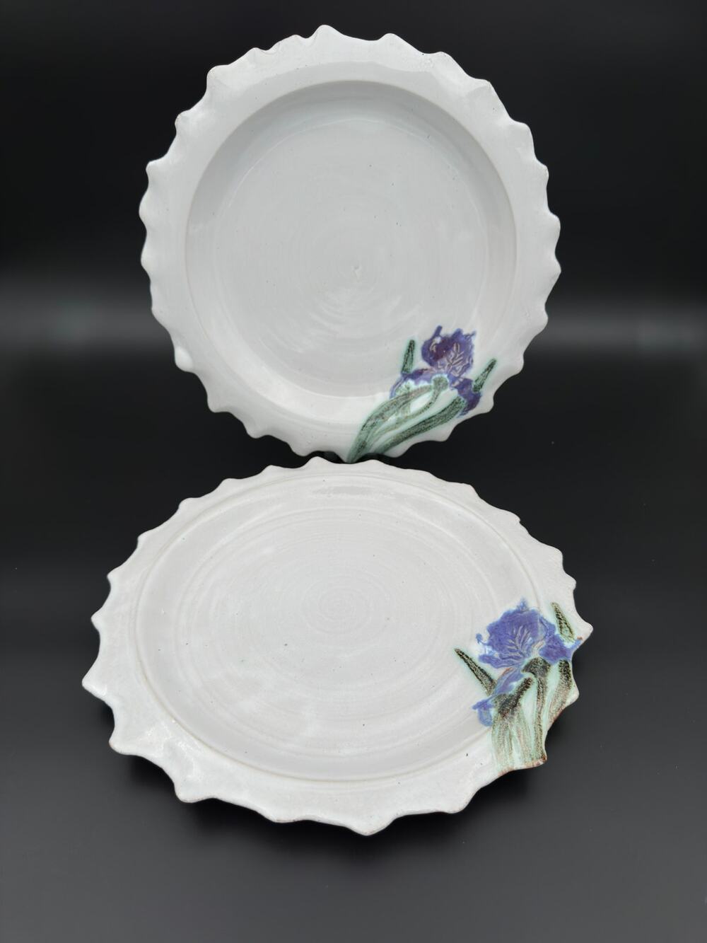 Handmade Art Studio Pottery Plates Set of 2, Iris Flower, Scalloped Edge